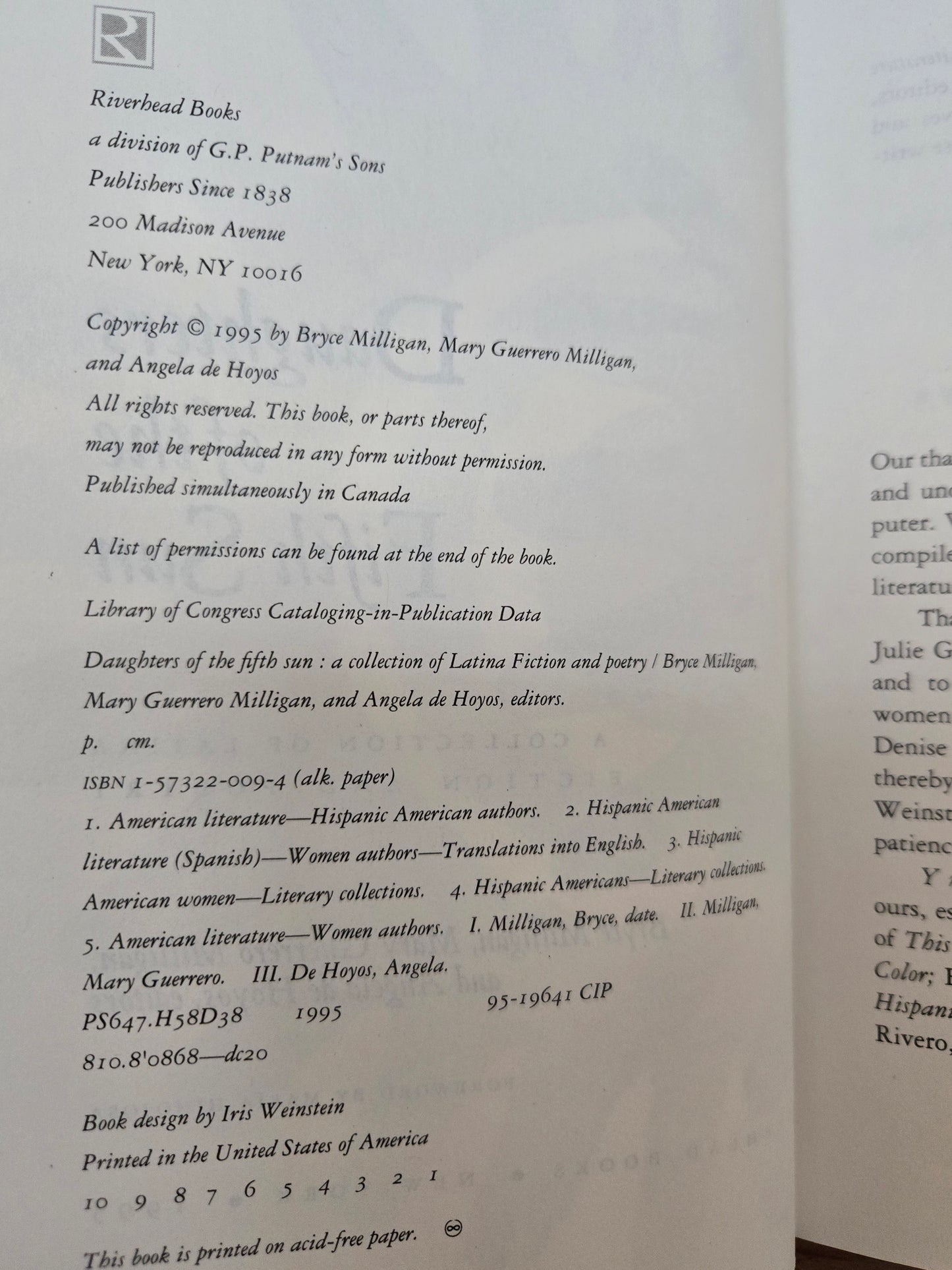 Daughters of the Fifth Sun: A Collection of Latina Fiction and Poetry // Edited by Bryce Milligan // 1st Printing 1995 // Vintage Hardcover