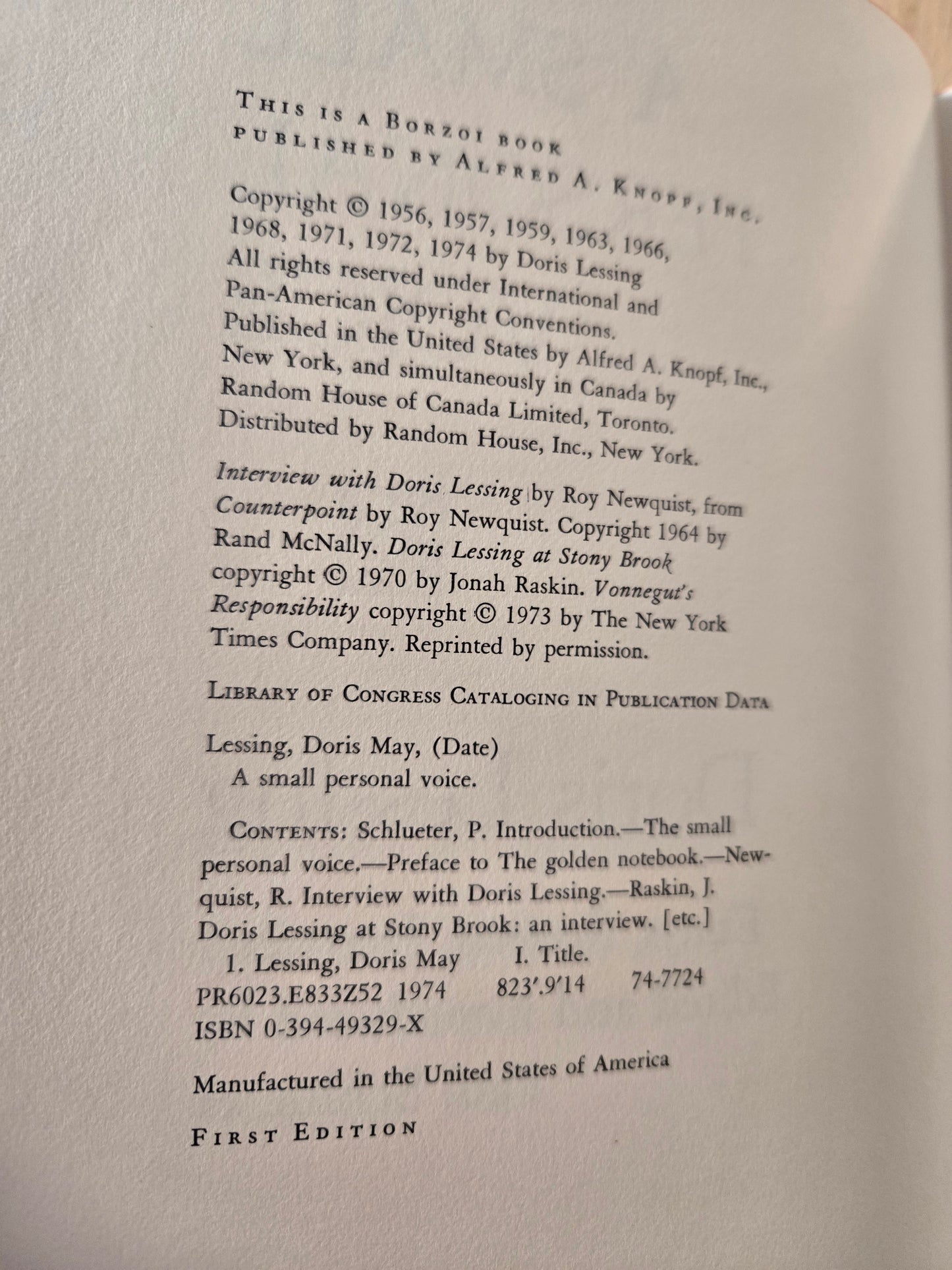 A Small Personal Voice: Essays, Reviews, Interviews // Doris Lessing // 1st Edition 1974 // Vintage Hardcover