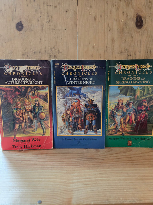 Dragonlance Chronicles Trilogy (3 Book Set) // Margaret Weis and Tracy Hickman // 1984 - 1985 // Vintage Paperback Fantasy D&D