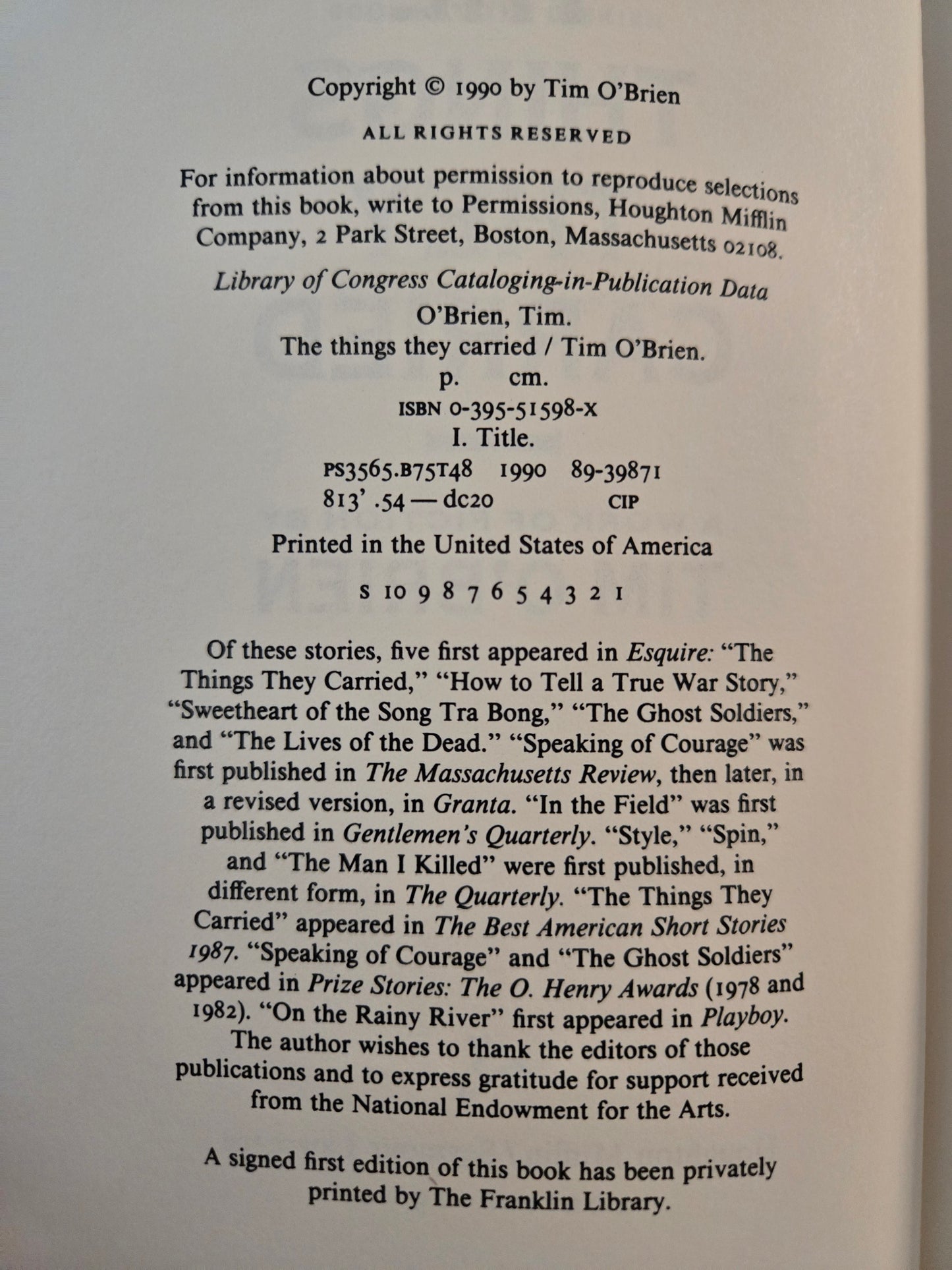 The Things They Carried // Tim O'Brien // 1st Edition 1st Printing 1990 // Vintage Hardcover