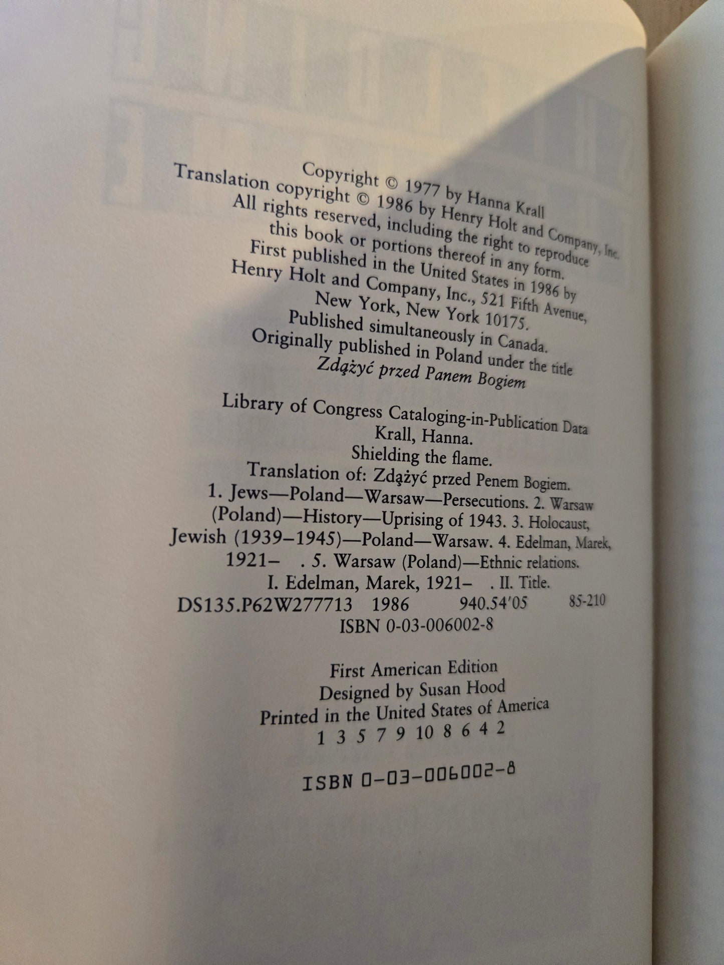 Shielding the Flame // Hanna Krall // 1st American Edition 1st Printing 1986 // Vintage Hardcover Warsaw Ghetto Uprising