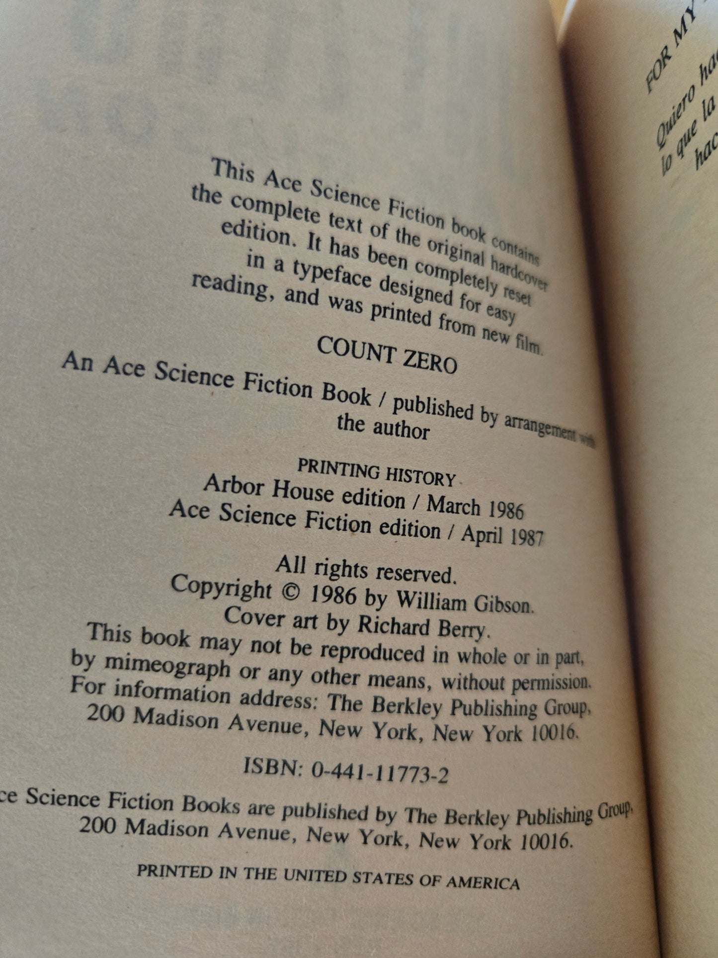 Count Zero // William Gibson // 1987 // Vintage Paperback Cyberpunk Sci-fi