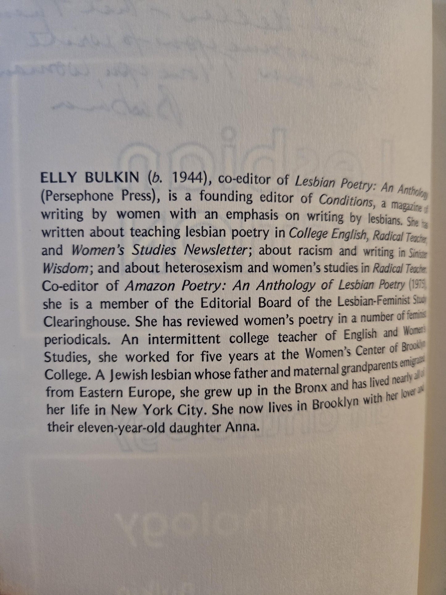 Lesbian Fiction: An Anthology // Edited by Elly Bulkin // 1st Edition 1st Printing Paperback 1981 // Vintage Paperback