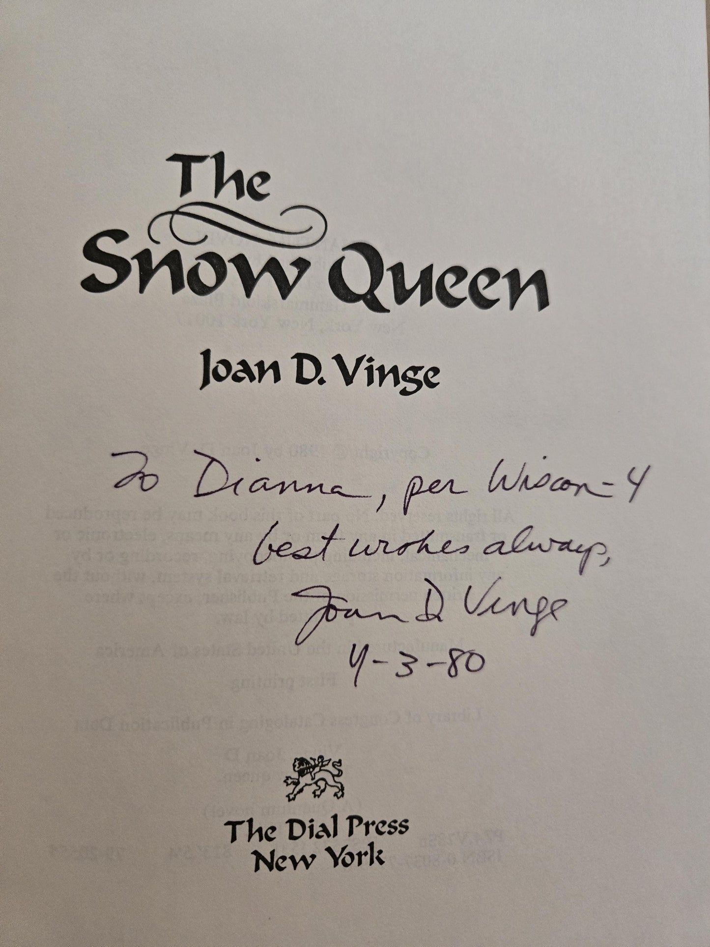 SIGNED and INSCRIBED The Snow Queen // Joan D. Vinge // 1st Edition 1st Printing 1980 // Vintage Hardcover Sci-fi