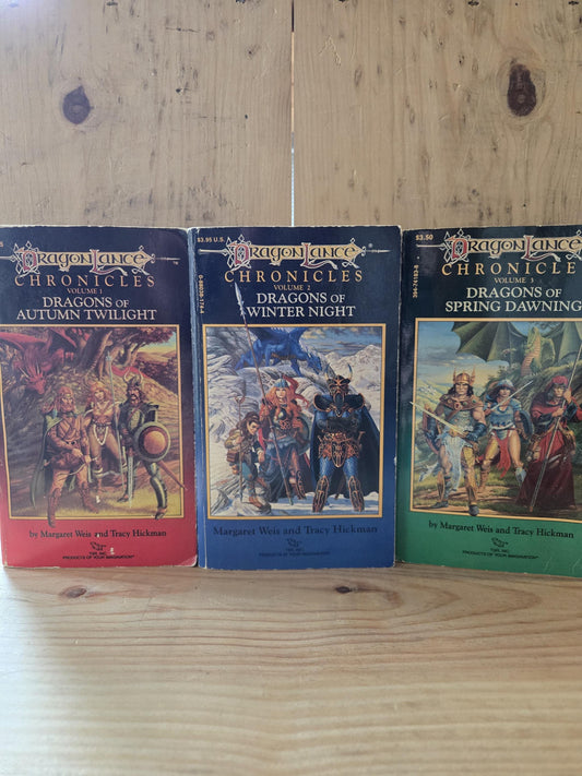Dragonlance Chronicles Trilogy (3 Book Set) // Margaret Weis and Tracy Hickman // 1984 - 1985 // Vintage Paperback Fantasy D&D