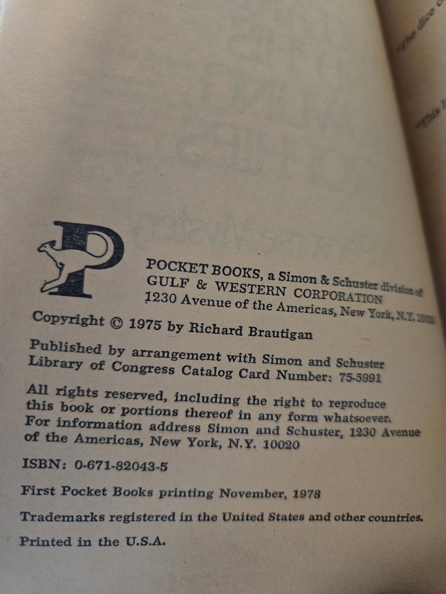 Willard and His Bowling Trophies // Richard Brautigan // 1st Printing Thus 1978 // Vintage Paperback