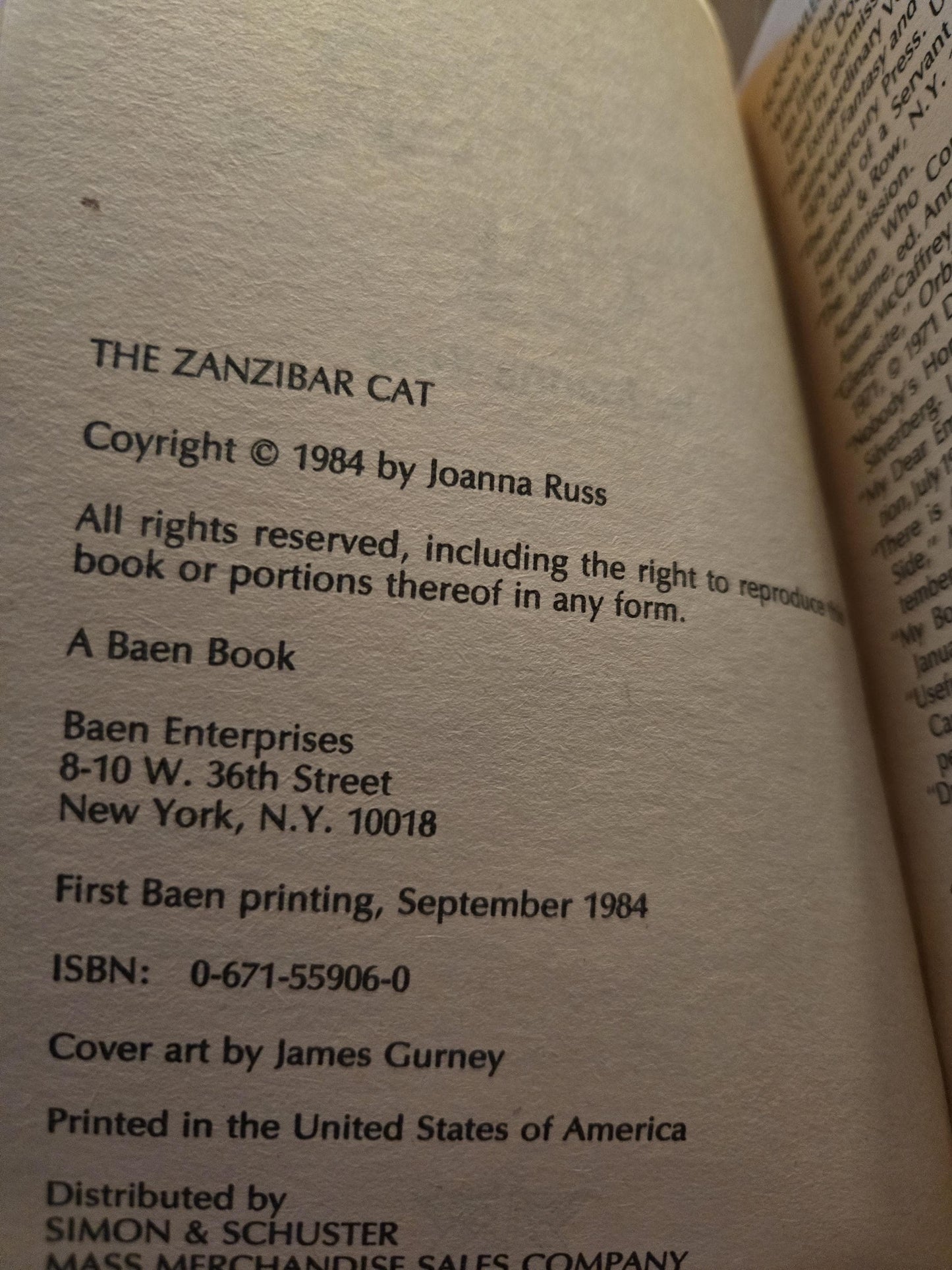 The Zanzibar Cat // Joanna Russ // 1st Baen Printing 1984 // Sci-fi