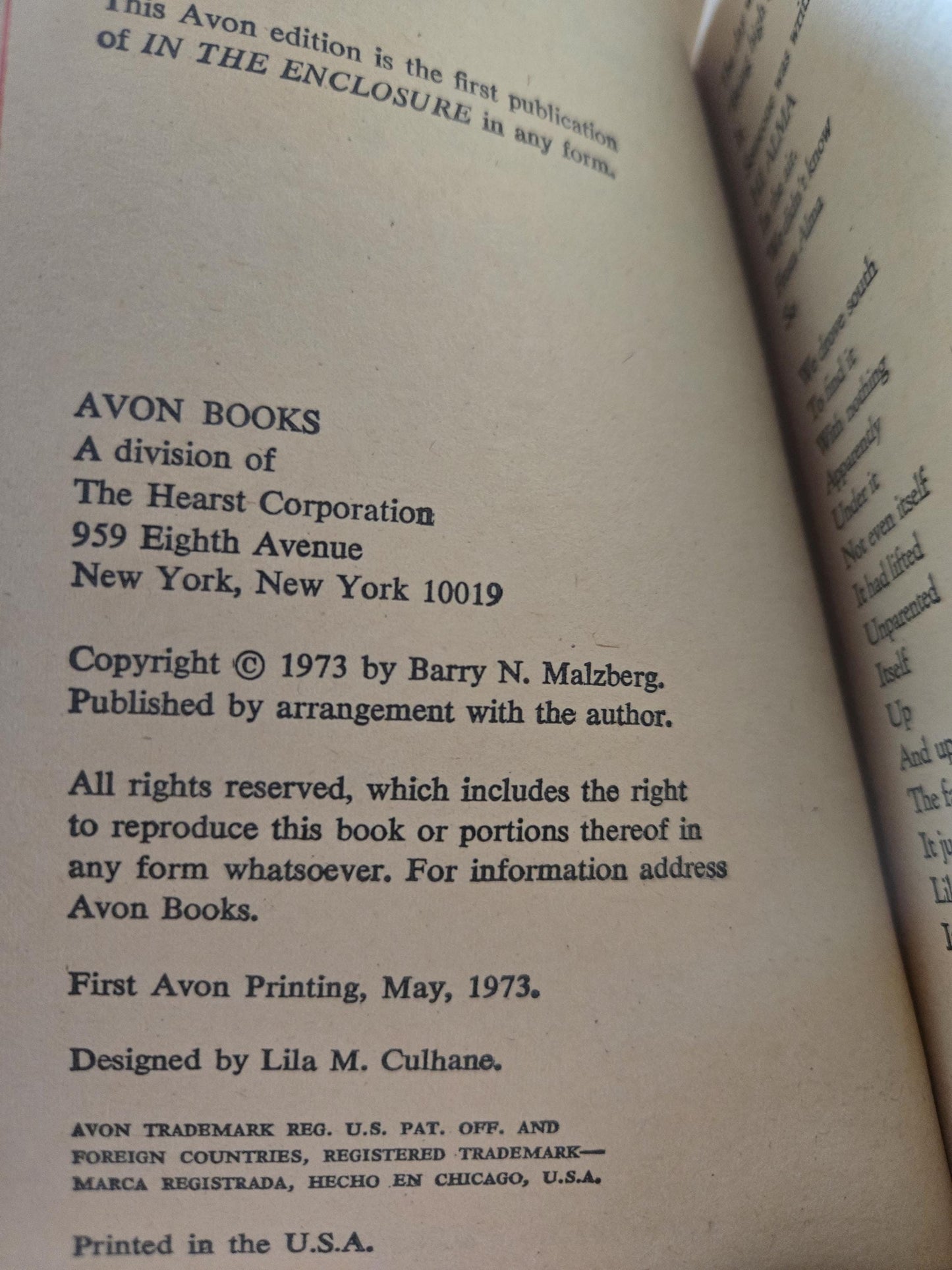 In the Enclosure // Barry N. Malzberg // 1st Avon Printing 1973 // Vintage Paperback Sci-fi