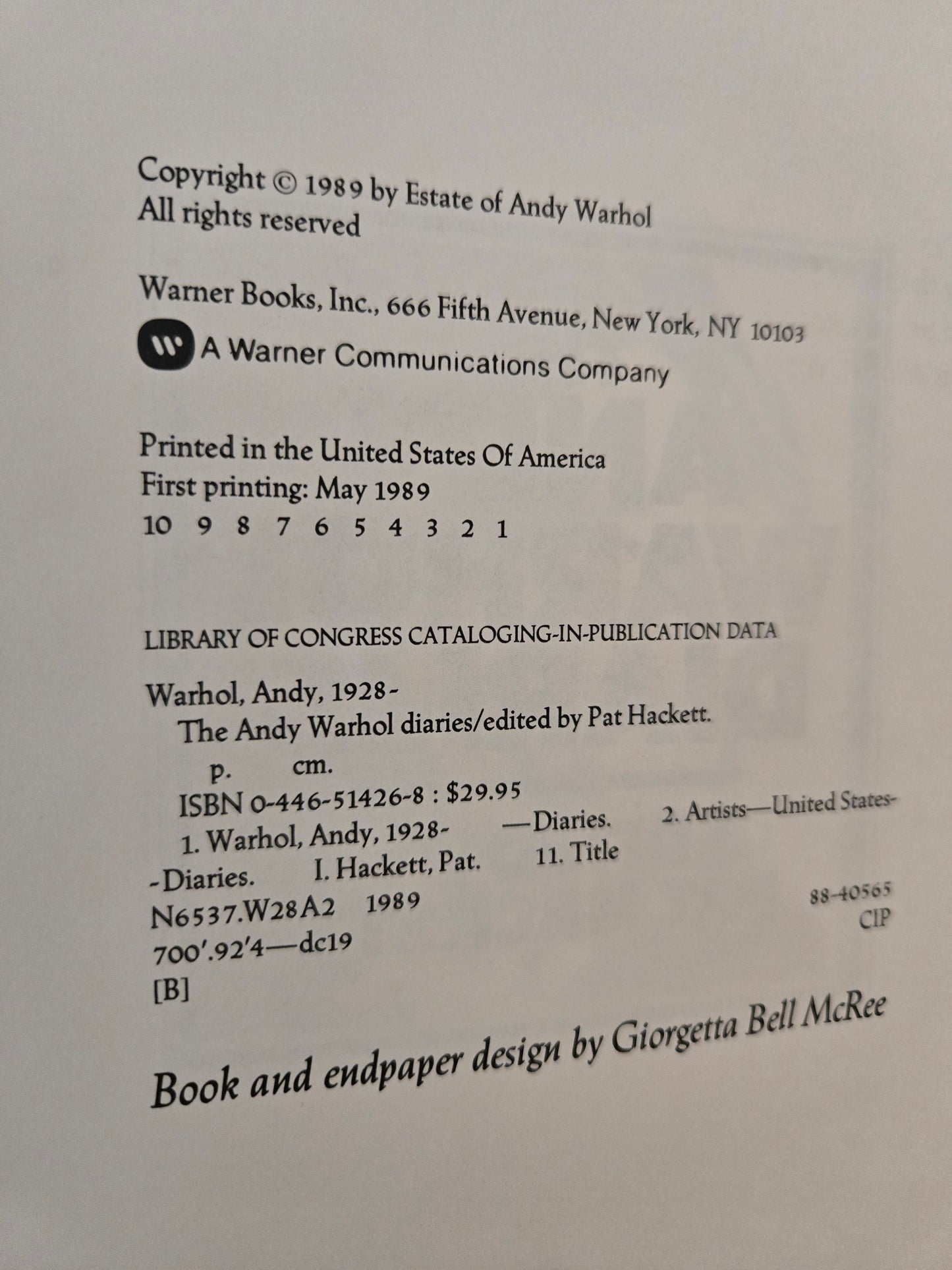 The Andy Warhol Diaries // Edited by Pat Hackett // 1st Edition 1st Printing 1989 // Vintage Hardcover