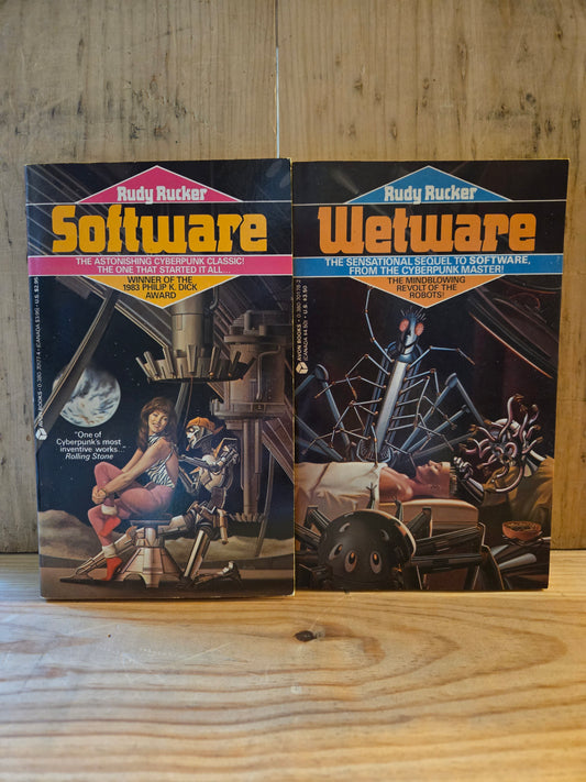 Software and Wetware (2 Book Set) // Rudy Rucker // 1987-1988 // Vintage Paperback Cyberpunk Sci-fi