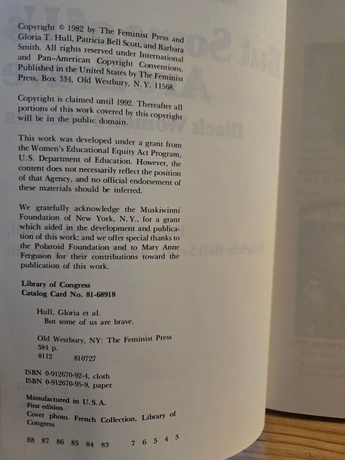 But Some of Us Are Brave: Black Women's Studies // Edited by Gloria T. Hull // 1st Paperback Edition 3rd Printing 1982 // Vintage Paperback