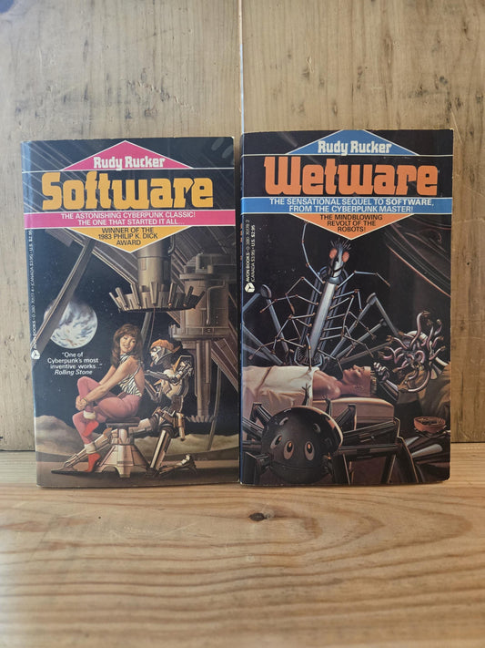 Software and Wetware (2 Book Set) // Rudy Rucker // 1987-1988 // Vintage Paperback Cyberpunk Sci-fi