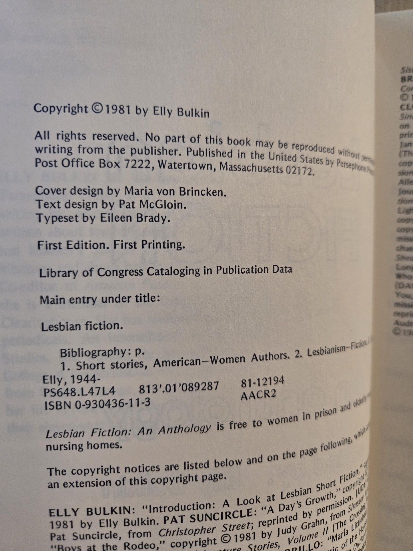 Lesbian Fiction: An Anthology // Edited by Elly Bulkin // 1st Edition 1st Printing Paperback 1981 // Vintage Paperback