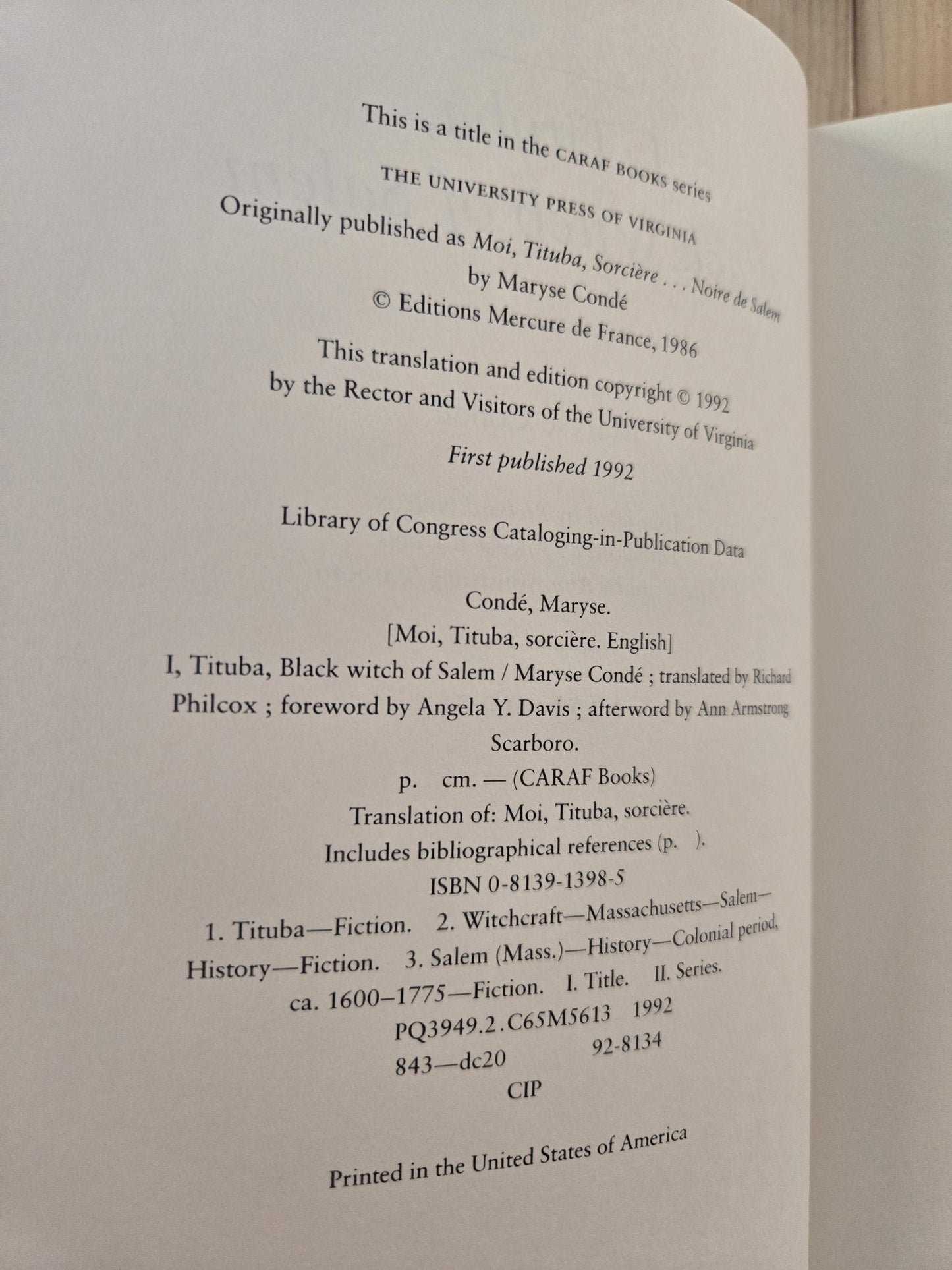 I, Tituba Black Witch of Salem // Maryse Condé // 1st U.S. Edition 1st Printing 1992 // Vintage Hardcover