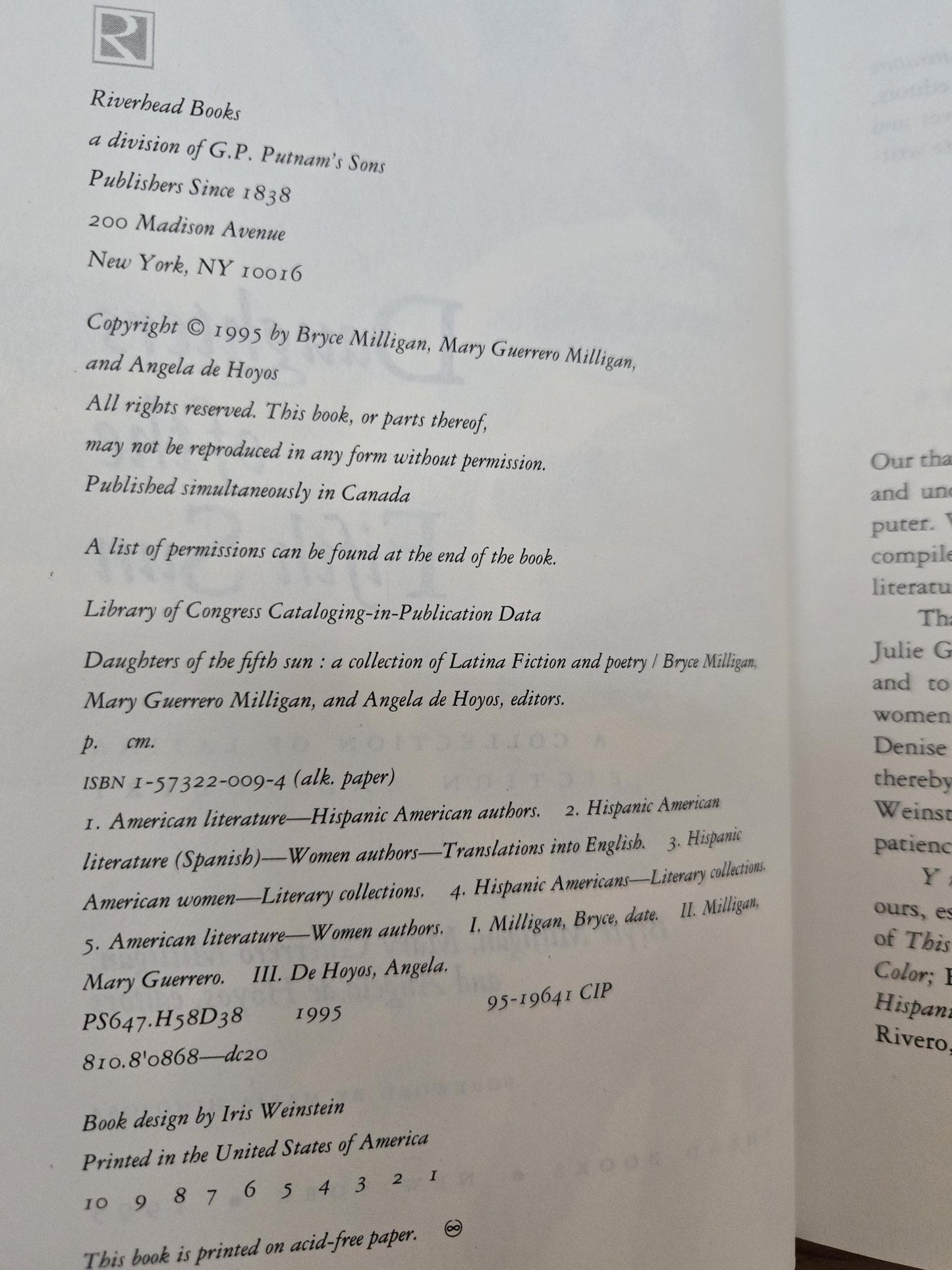 Daughters of the Fifth Sun: A Collection of Latina Fiction and Poetry // Edited by Bryce Milligan // 1st Printing 1995 // Vintage Hardcover