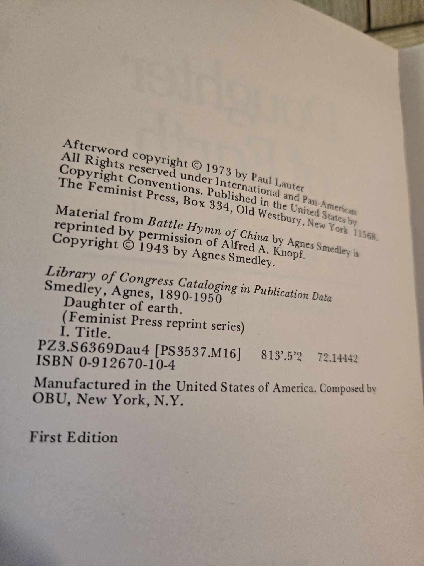 Daughter of Earth // Agnes Smedley // 1972 // Vintage Paperback