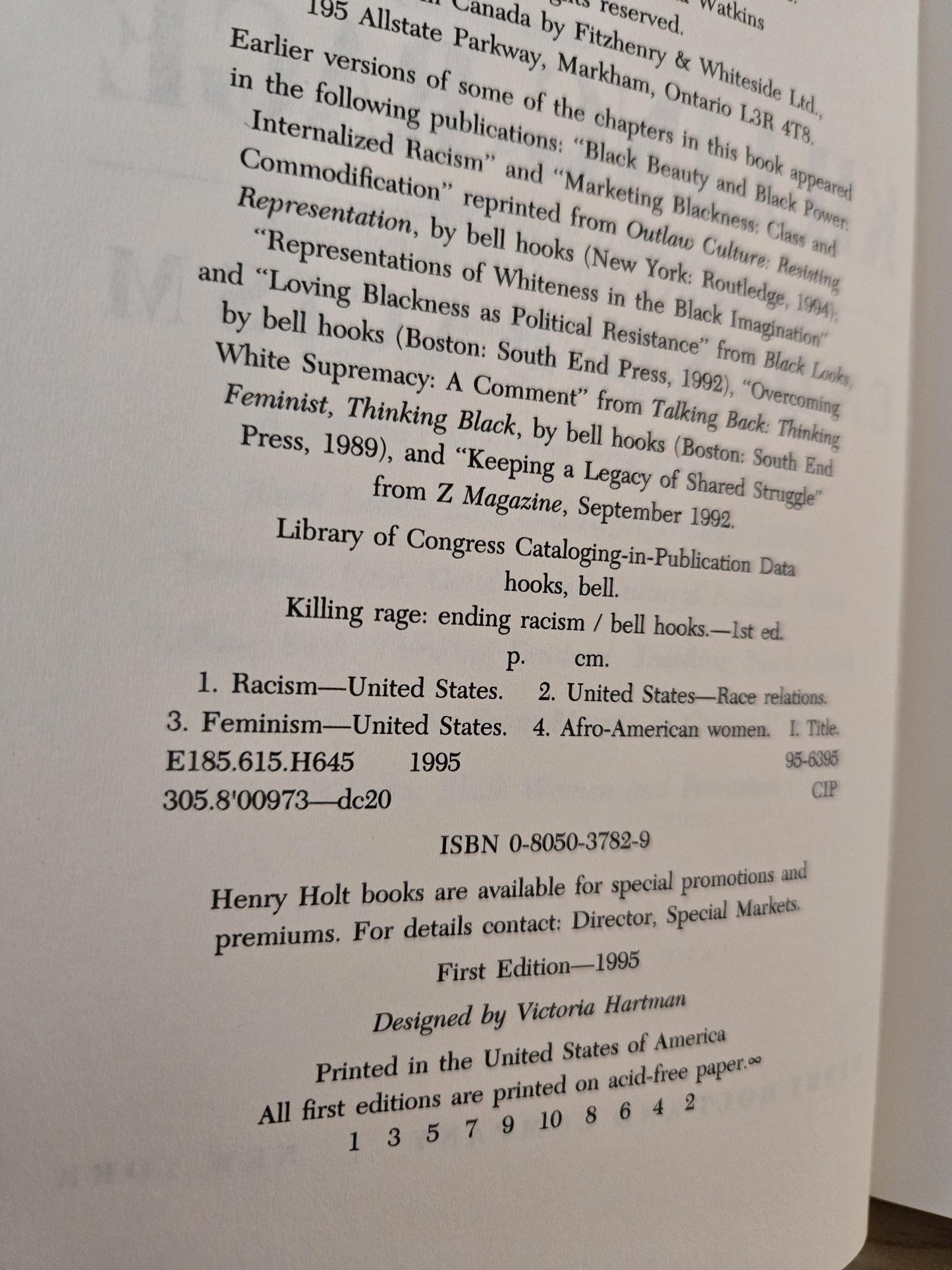 Killing Rage: Ending Racism // bell hooks // 1st Edition 1st Printing 1995 // Vintage Hardcover Essays