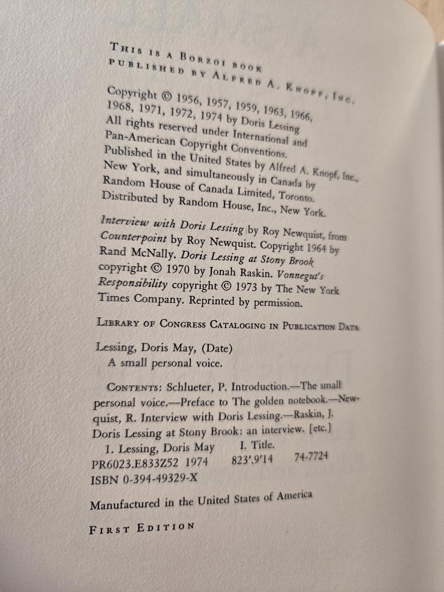 A Small Personal Voice: Essays, Reviews, Interviews // Doris Lessing // 1st Edition 1974 // Vintage Hardcover