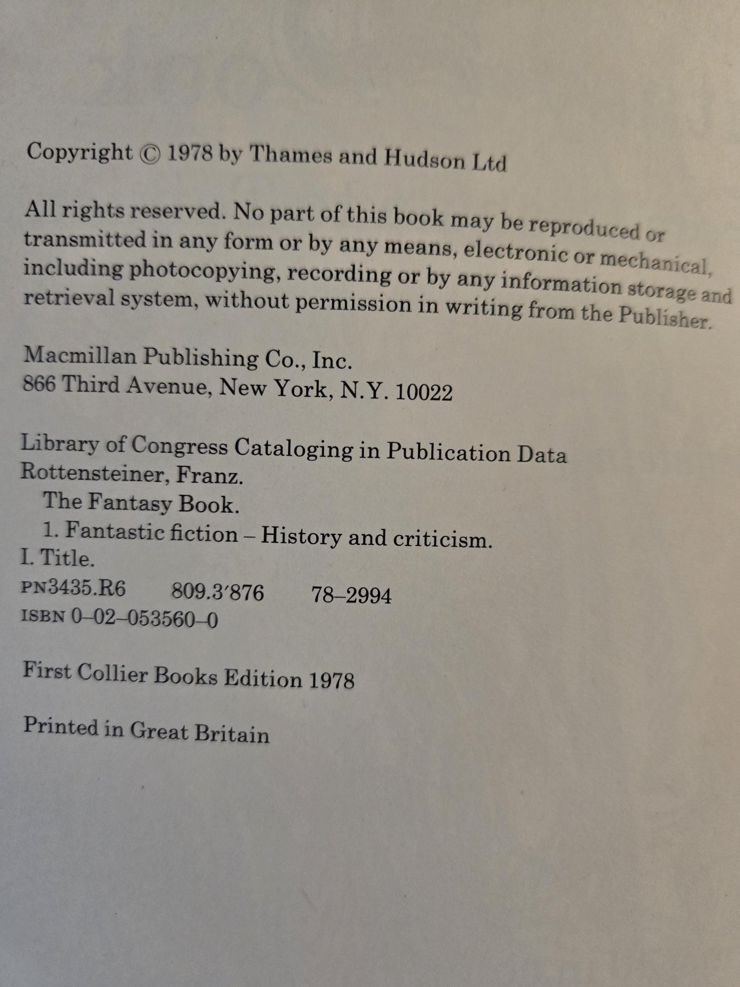 The Fantasy Book: An Illustrated History from Dracula to Tolkien // Franz Rottensteiner // 1978 // Vintage Paperback