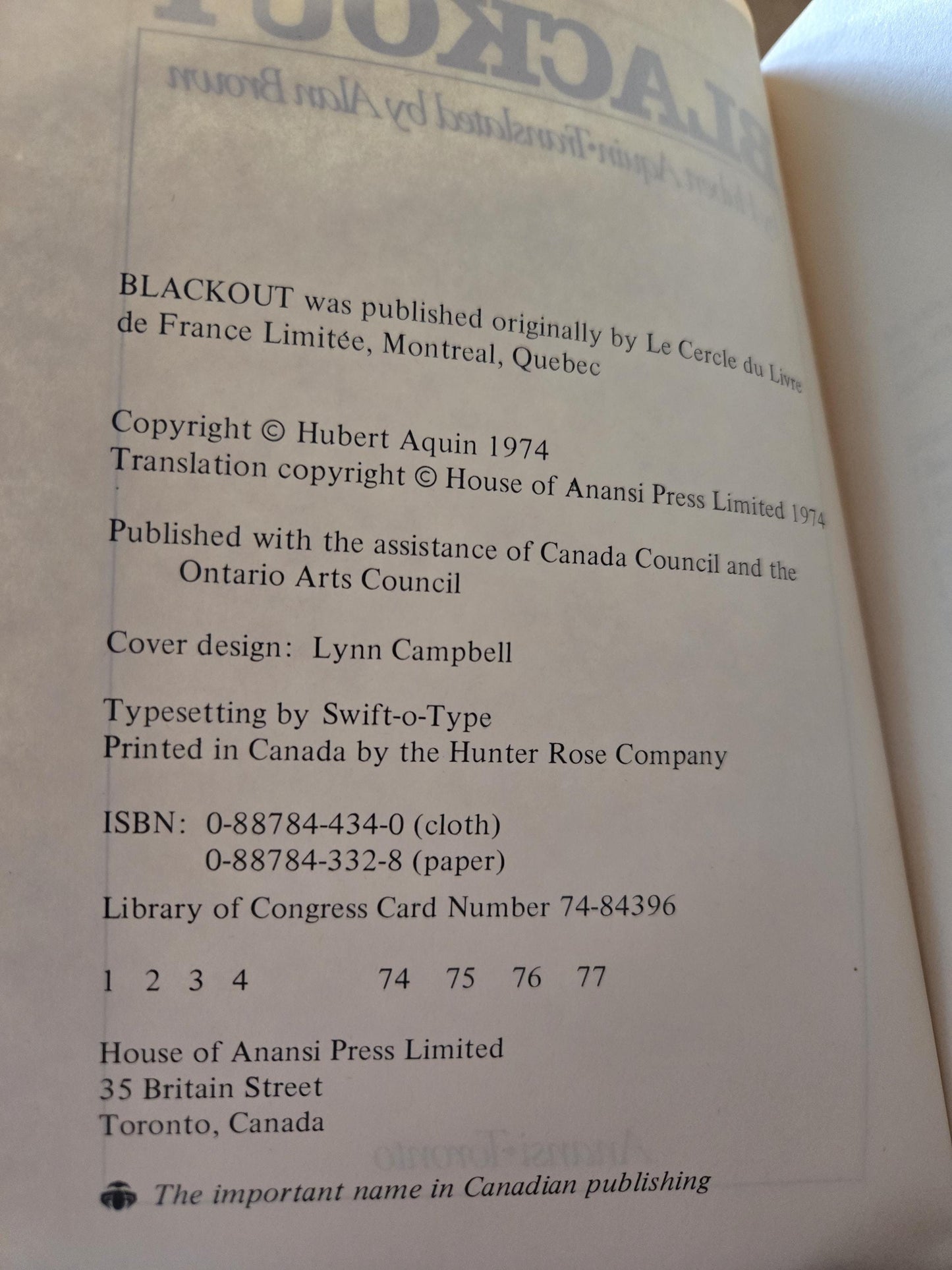 Blackout // Hubert Aquin // 1st U.S. Paperback Printing 1974 // Vintage Paperback