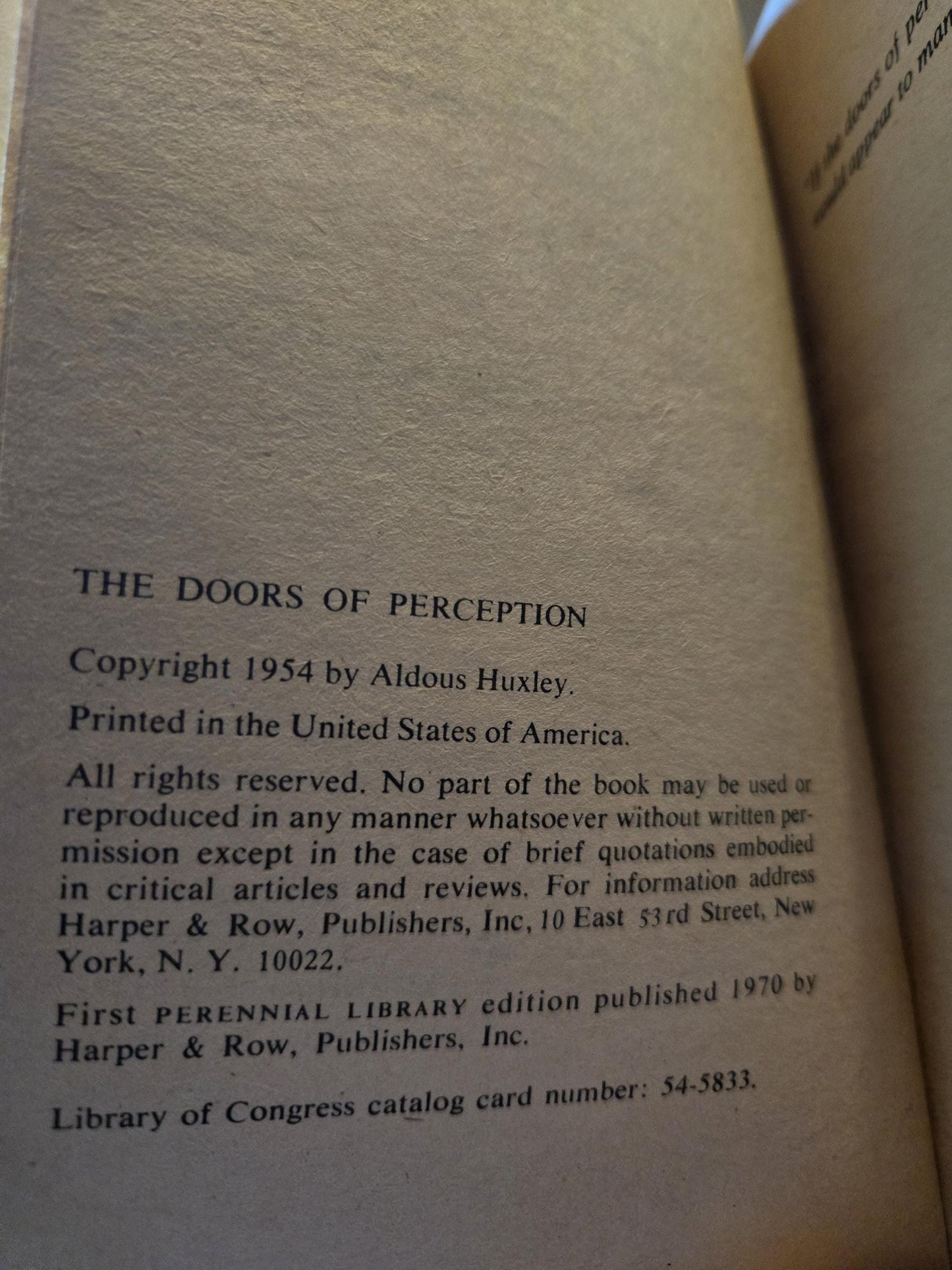 The Doors of Perception // Aldous Huxley // 1970 Perennial Library // Vintage Paperback